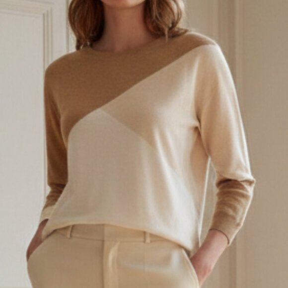 J Crew Tan and Cream Colorblock Cashmere Sweater Size Medium - Picture 1 of 14